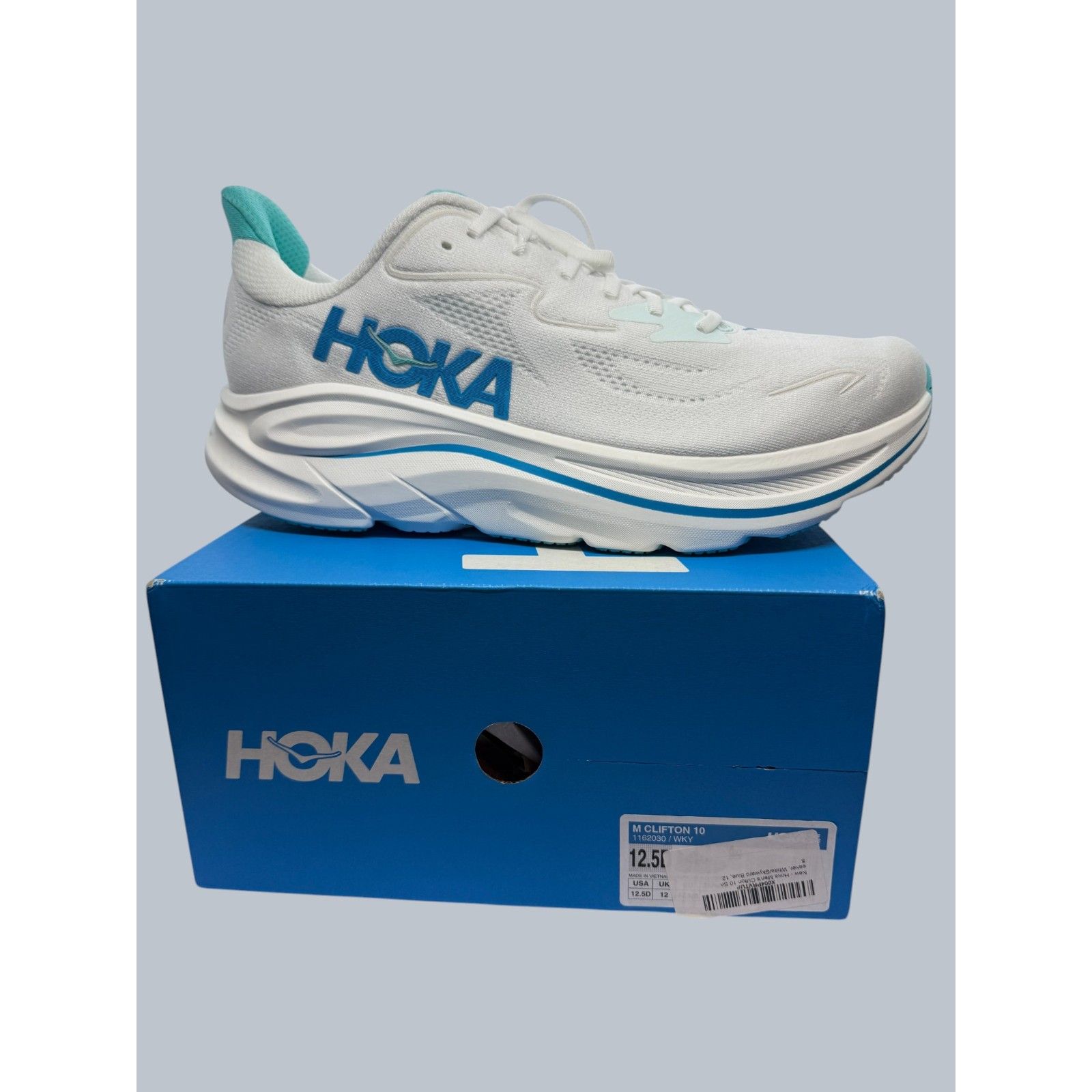 Hoka Clifton 10 Men’s Size 12.5d White Blue Running Shoes New Athletic Sneakers